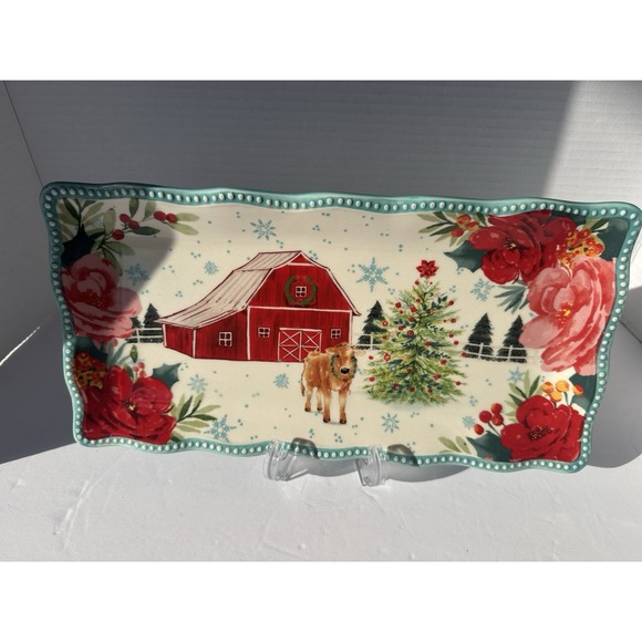 Pioneer Woman Platter Holiday Barn Blue and Red 12x6" Christmas Winter - Picture 1 of 7